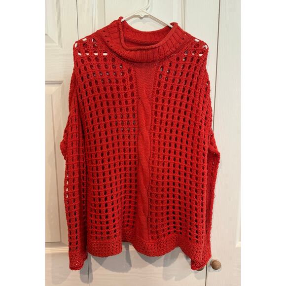 Free People Red Open Knit Mock Neck Sweater Unique Cable Chunky Oversized - Picture 1 of 7